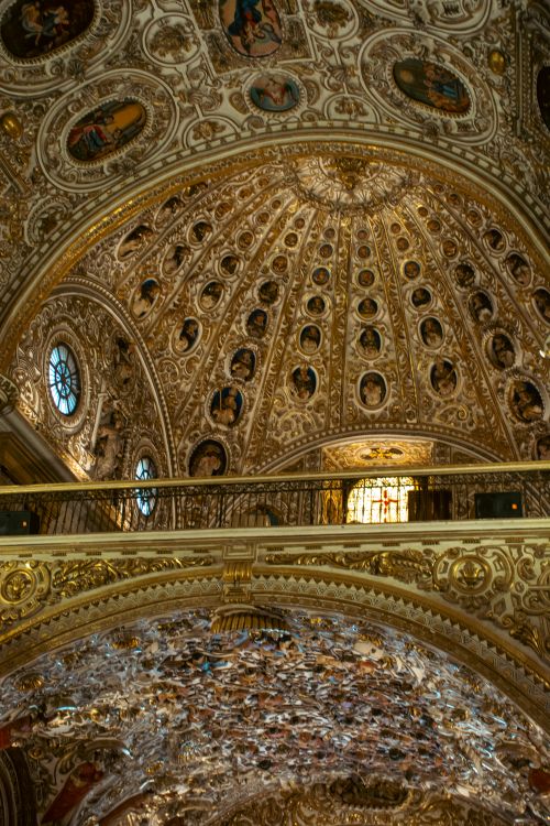 Free Intricate golden dome with religious icons in Oaxaca cathedral interior. Stock Photo