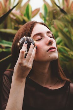 一名年轻女子在宁静的户外环境中闭目静思，手持水晶球