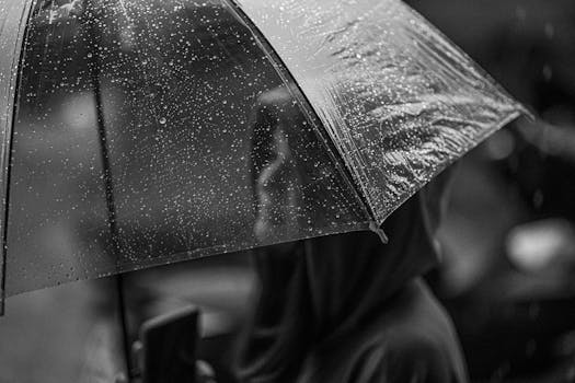 Black and white image of a person with an umbrella in the rain.