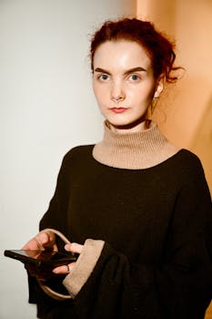 Stylish woman with red hair holding a mobile phone indoors, wearing a sweater.