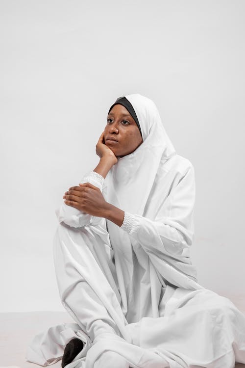 Studio Shot of a Woman Wearing a White Hijab