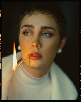 A close-up portrait of a woman with a matchstick flame creating dramatic lighting on her face.