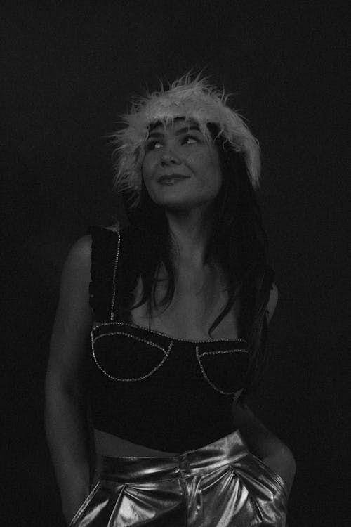 Woman Wearing Furry Hat in Black and White 