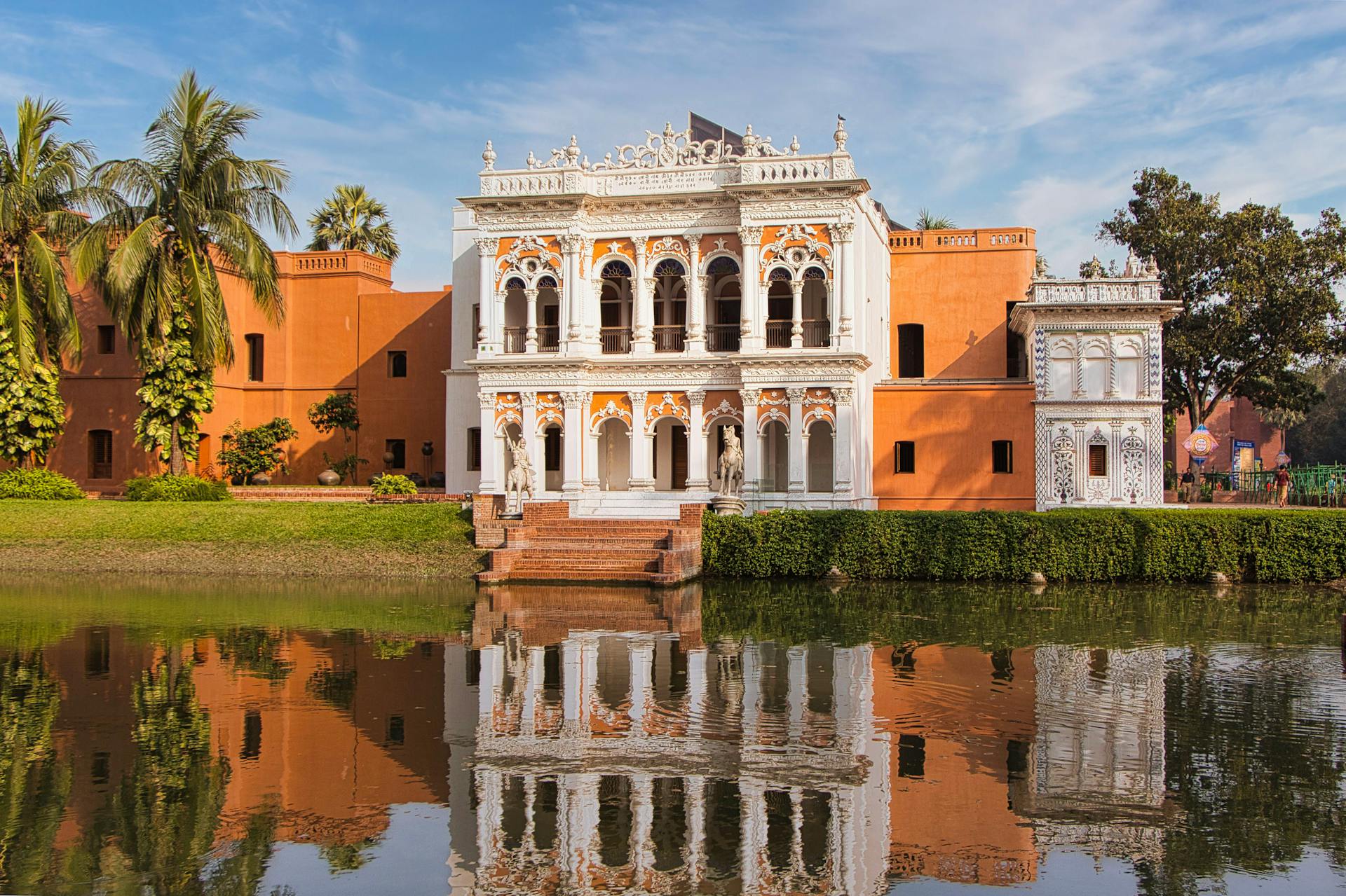 Beautiful architecture of Folk Art Museum in Sonargaon, Bangladesh with perfect pond reflection.