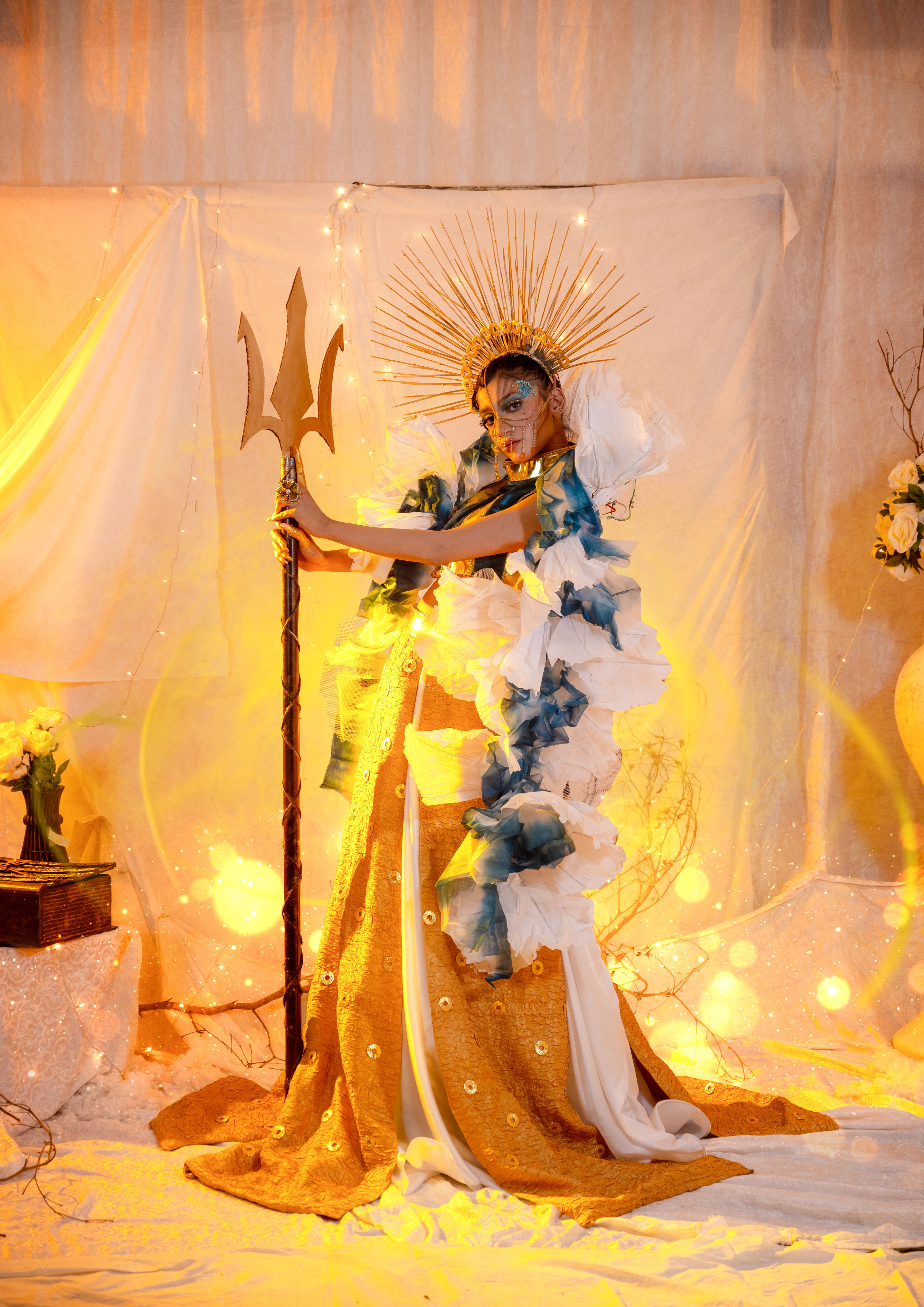 Model in a Fairytale White Dress with Golden Applications and Baggy Sleeves   Free Stock Photo