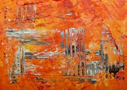 这幅动态抽象画以生动的橙色色调呈现，具有分层的纹理和动感