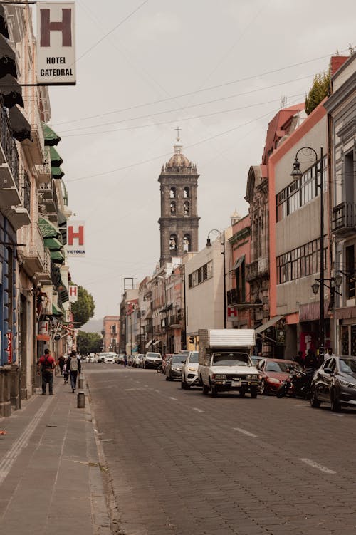 Street of Puebla with Tower of Basilica Cathedral 