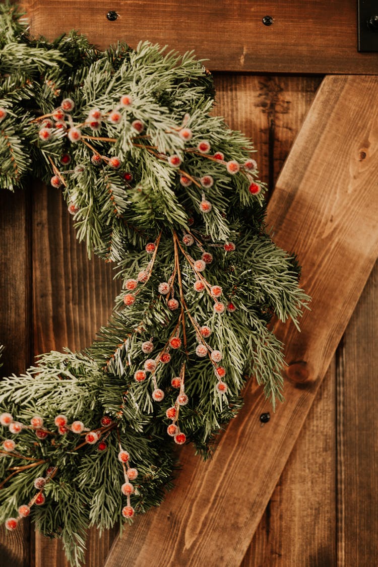 Christmas Garland On Wooden Door