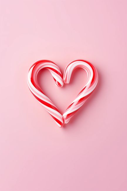 Red and white candy canes form a heart shape on a pastel pink background.