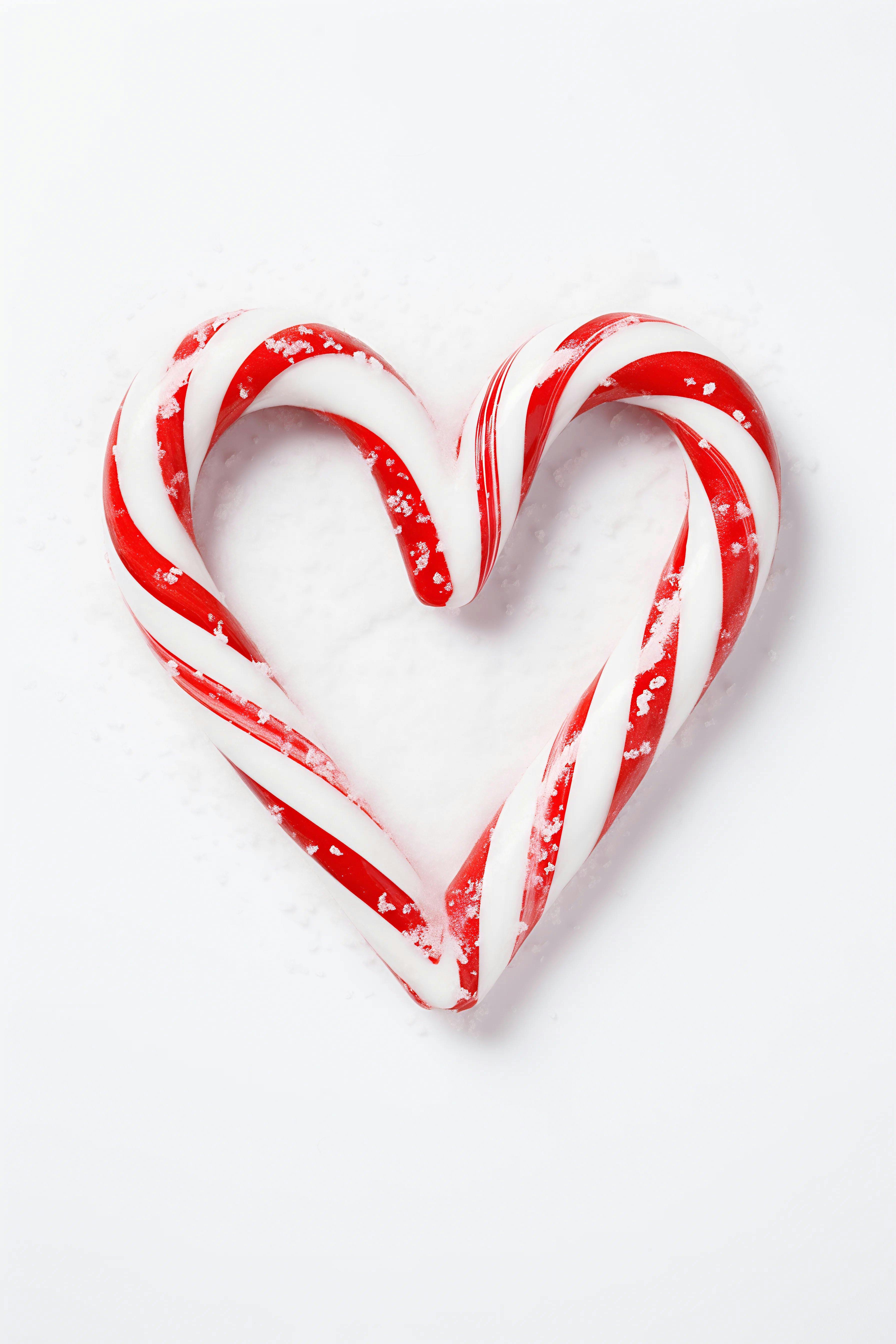 Festive candy cane heart shape on white background for Christmas.