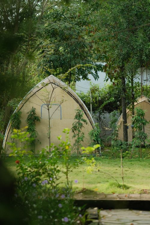 Free Peaceful garden scene featuring eco-friendly huts surrounded by lush greenery in a rural setting. Stock Photo