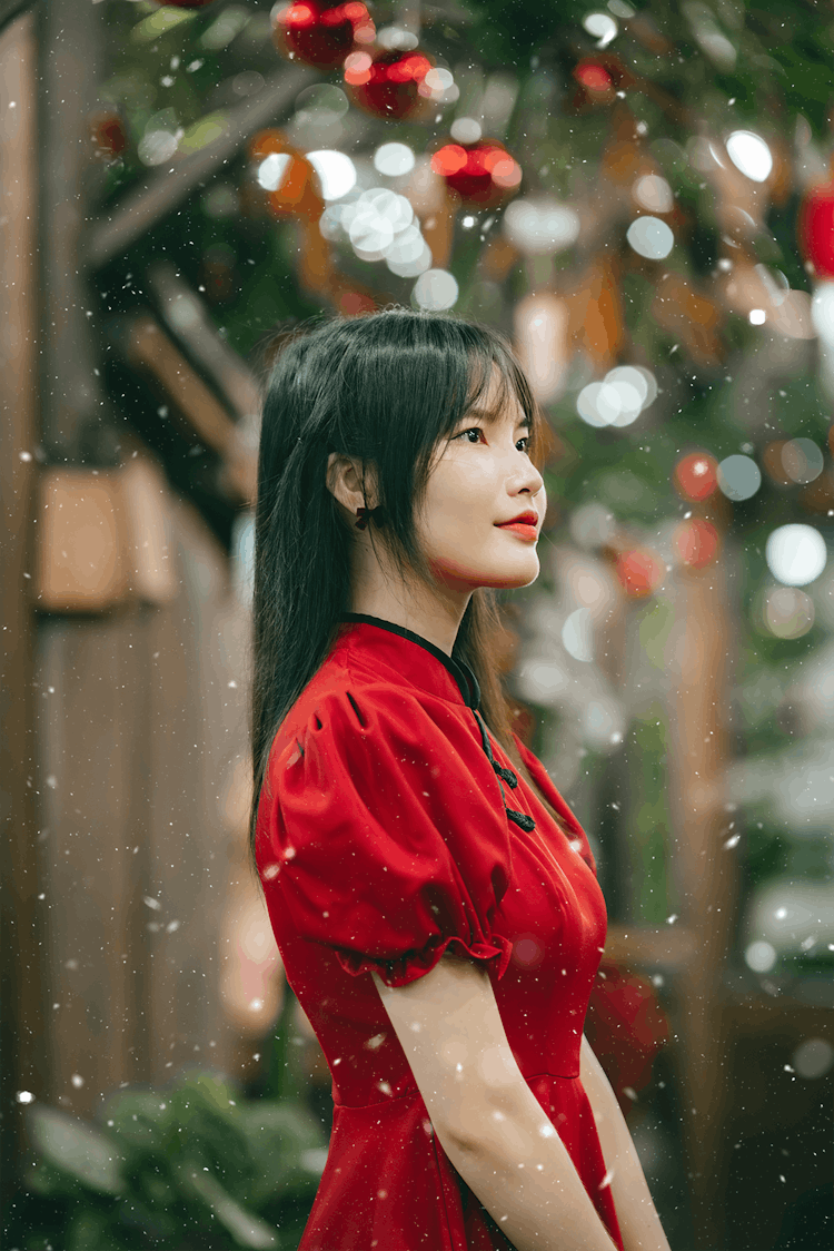 Woman In Red Clothes In Winter