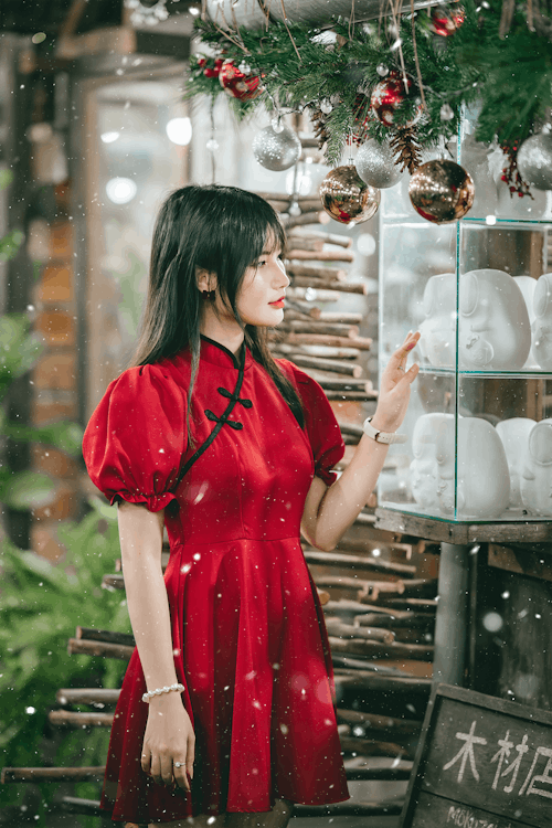 Woman in Red Dress at Christmas