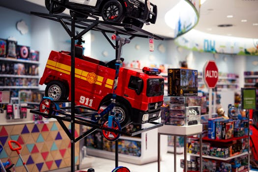 Vibrant display of toy vehicles in a toy store, featuring a bright red fire truck labeled 911.