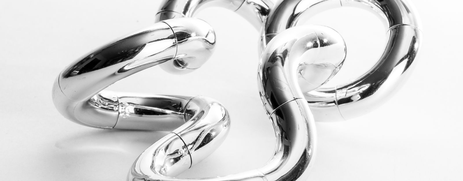 Close-up shot of a shiny chrome metal segmented toy on a white background.