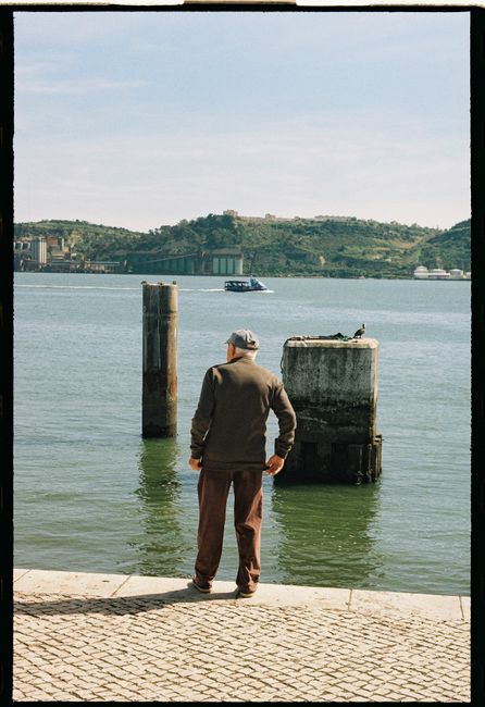 An elderly man stands on the Lisbon waterfront gazing at the serene sea under a clear sky.