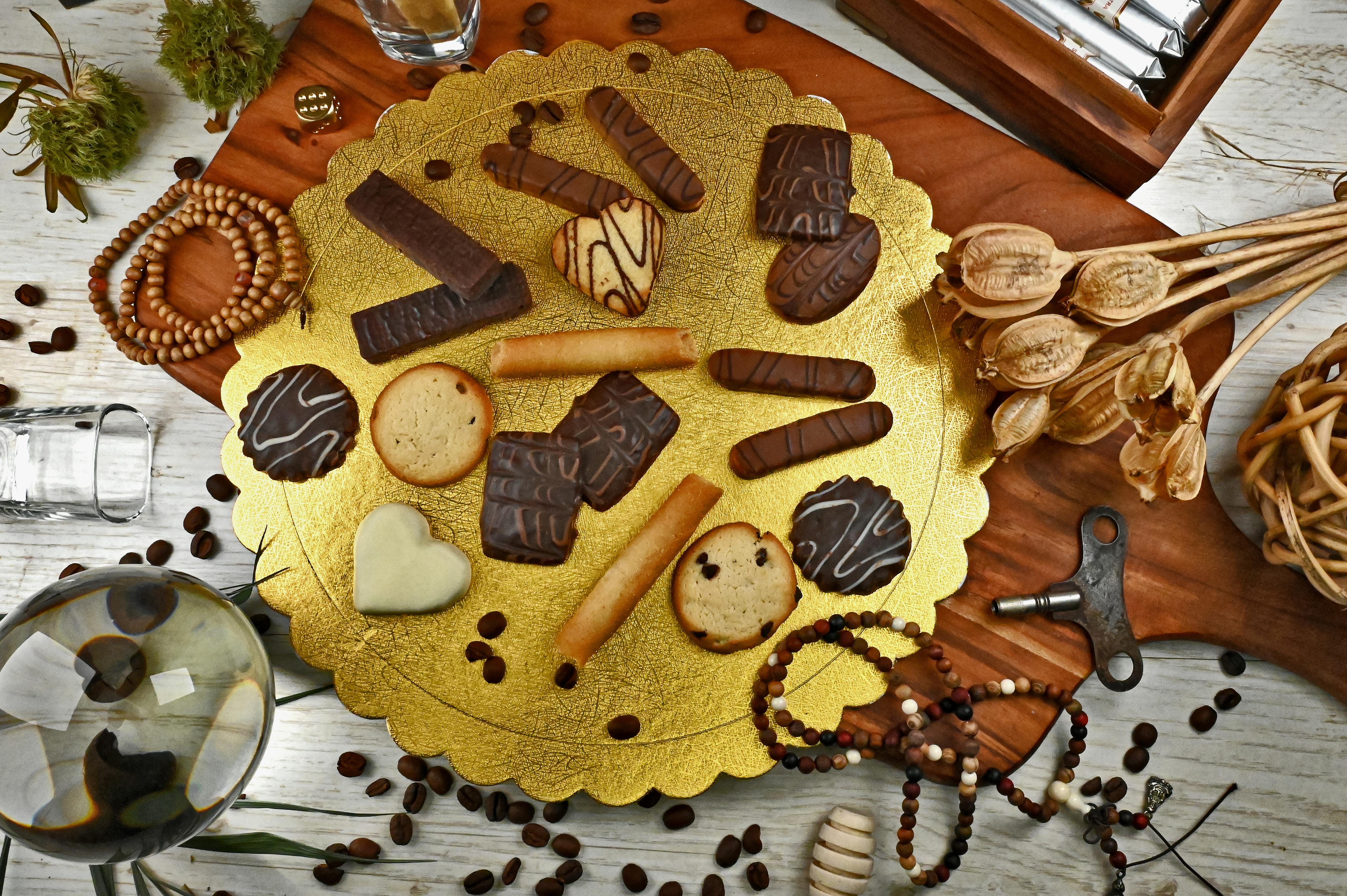 chocolate chip cookies on gilded paper