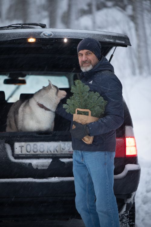 Free Man standing by car with husky and fir tree in snowy winter landscape. Stock Photo