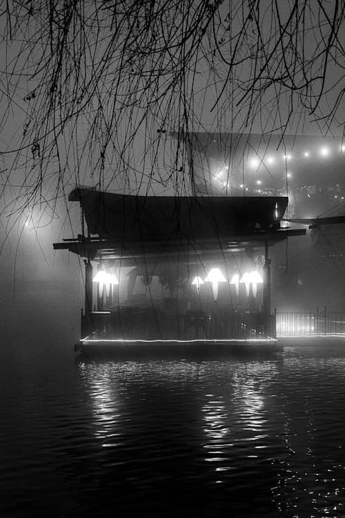  Black and white photo of a building in the water