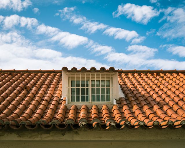 Skylight on a tile roof Terracotta tile roof with a skylight window on a sunny day