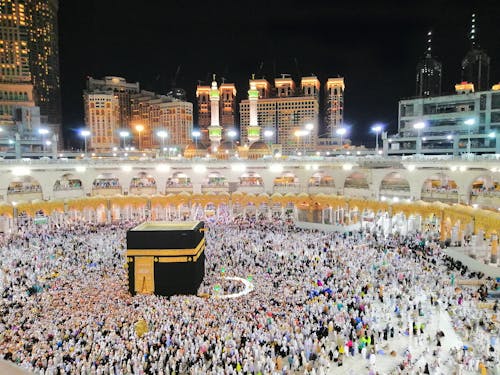 Crowd of Worshippers at Grand Mosque in Mecca at Night