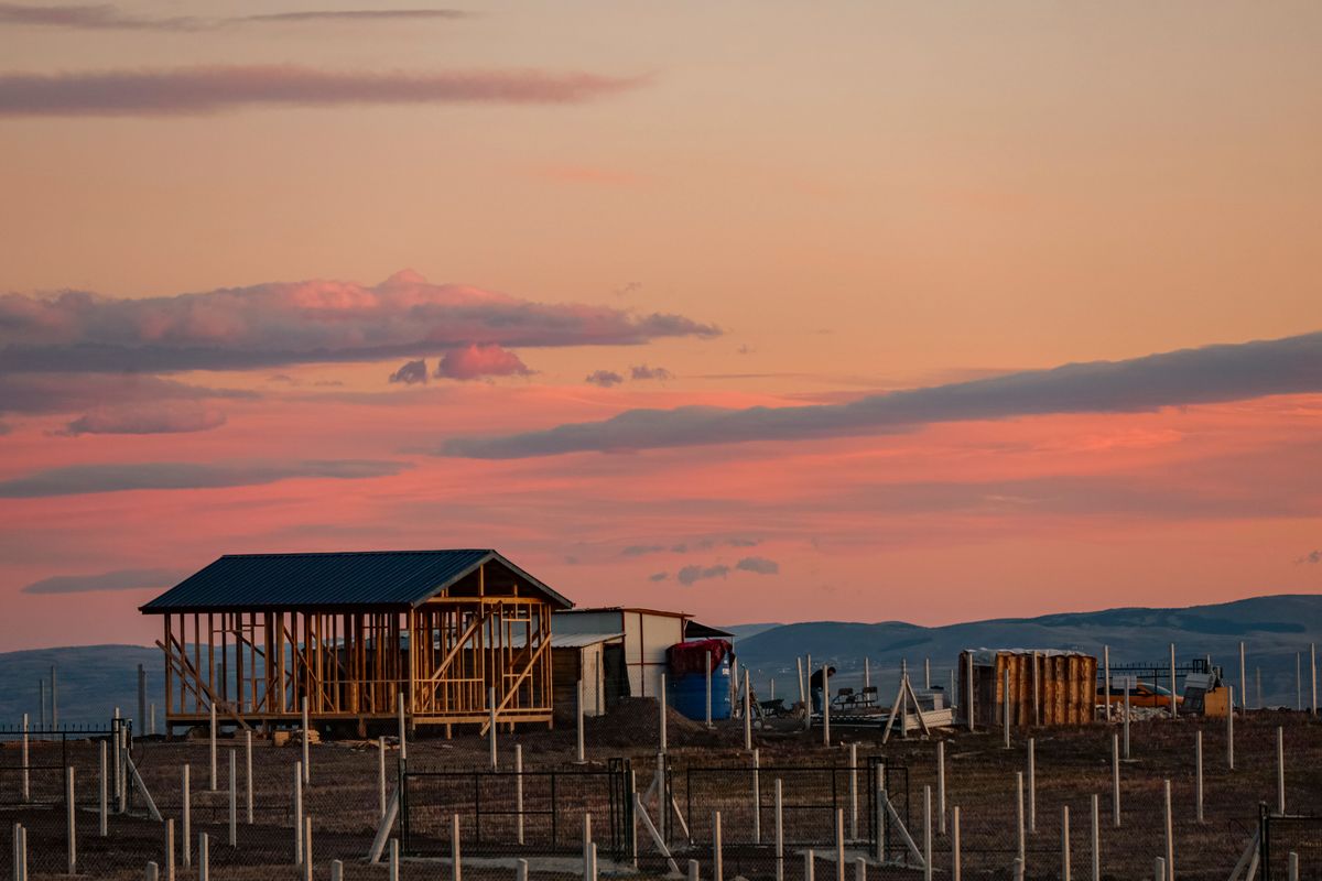 Farm landscape at sunset