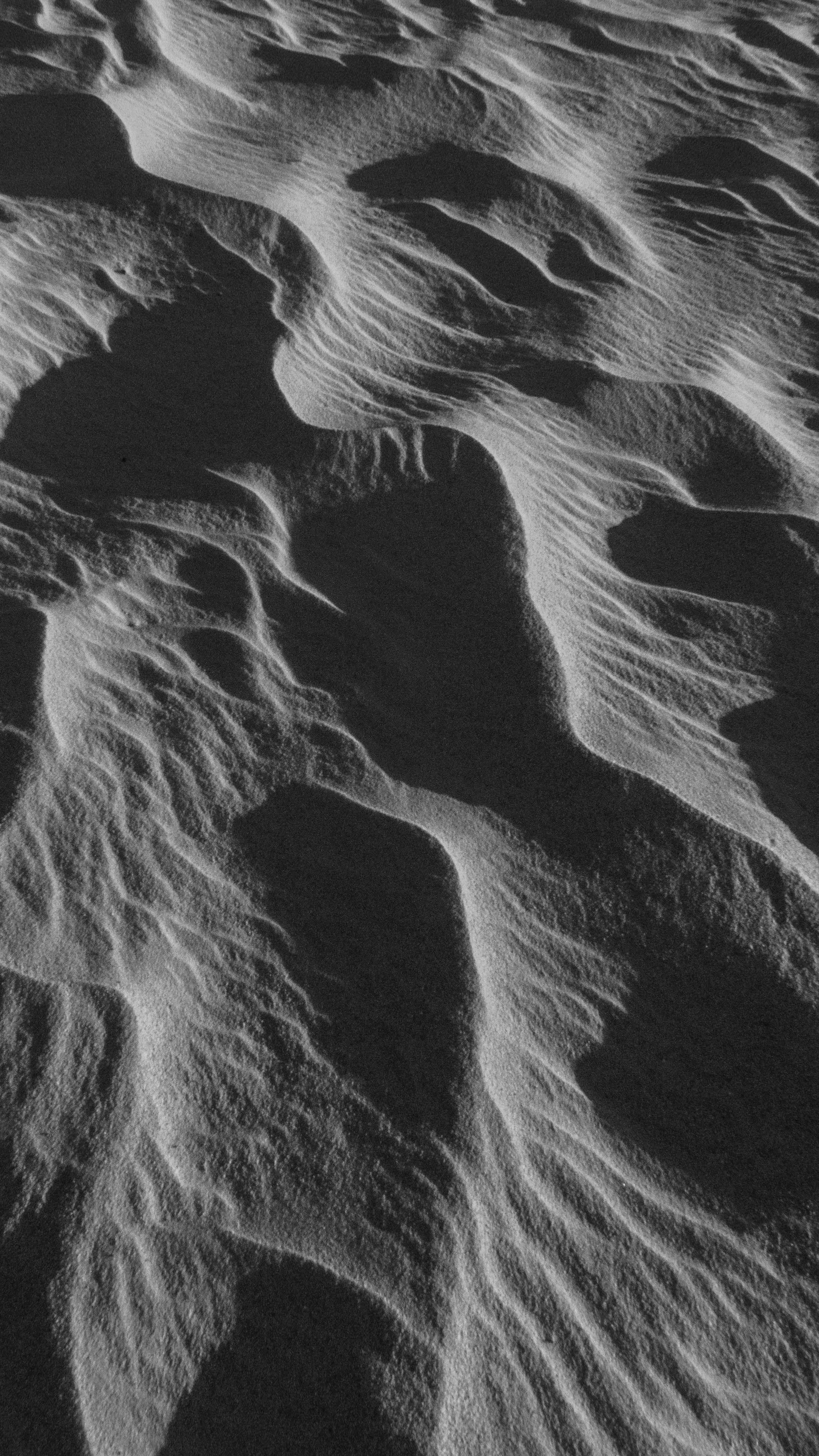Artistic black and white photo showcasing intricate sand dune patterns, highlighting natural textures.