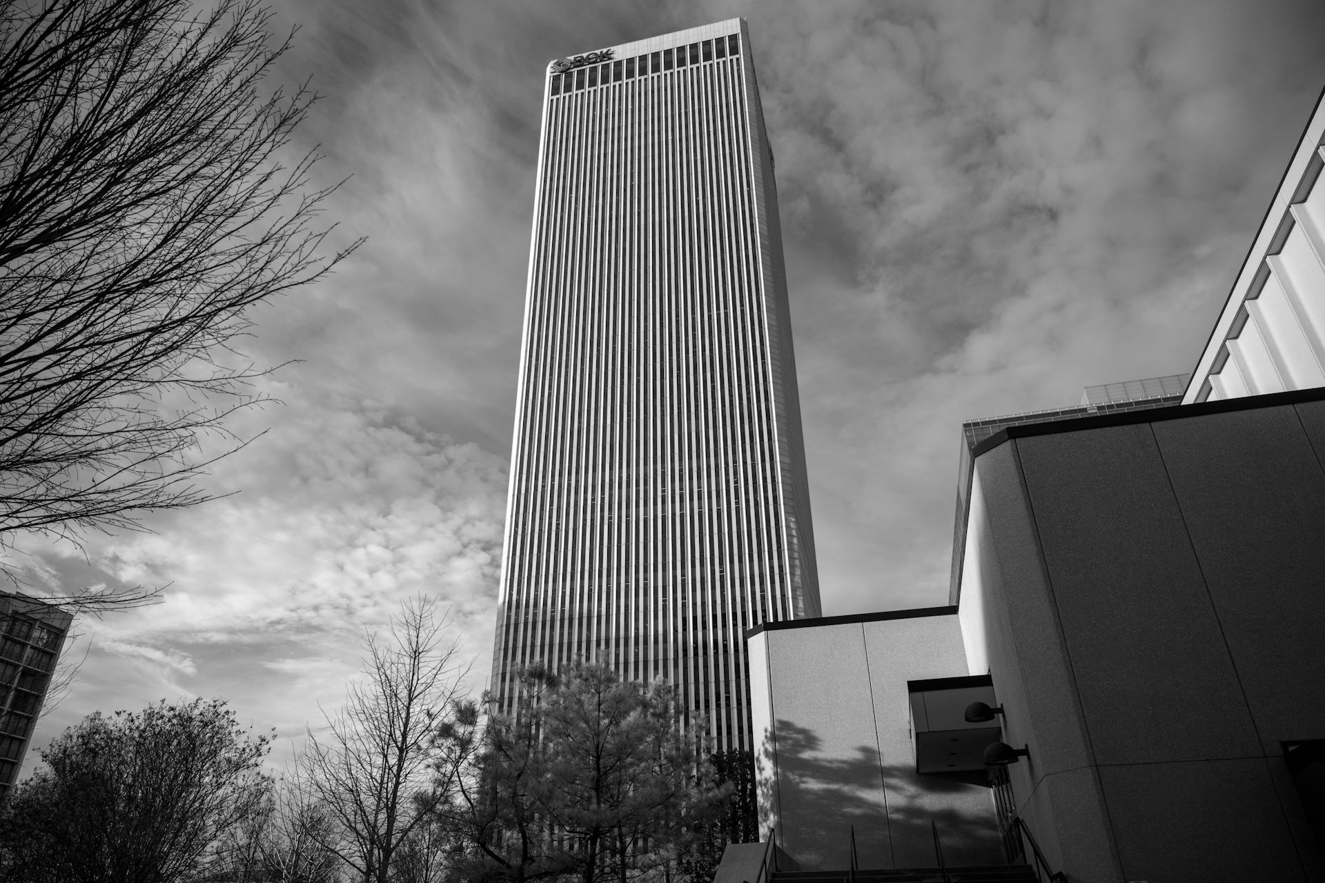 Black and white photo of BOK Tower, a landmark skyscraper in downtown Tulsa.