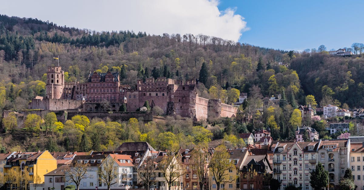 Scenic view of Heidelberg Castle and city from across the Neckar River in Germany.