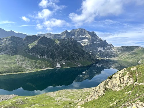 lake coverd in mountains 