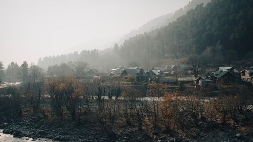 Free A serene village landscape in autumn with mist and forest backdrop, capturing rural tranquility. Stock Photo