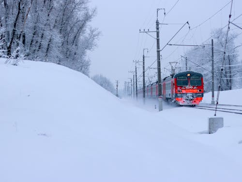 Passenger Train Traveling Through the Snow