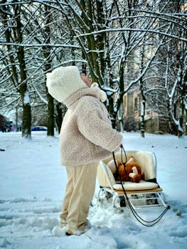 A child in a warm outfit stands next to a sled in a snowy park, gazing upwards.