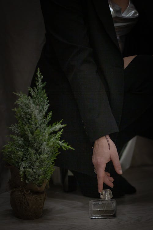 Reaching for the Perfume Bottle Standing on the Floor Next to the Potted Cypress Tree