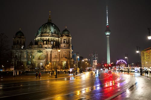 Lights on Berlin Street, Cathedral and Fernsehturm