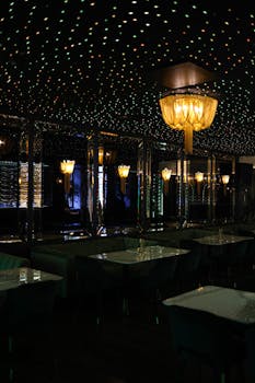 A sophisticated restaurant interior featuring chandeliers and ambient lighting for a modern dining experience.