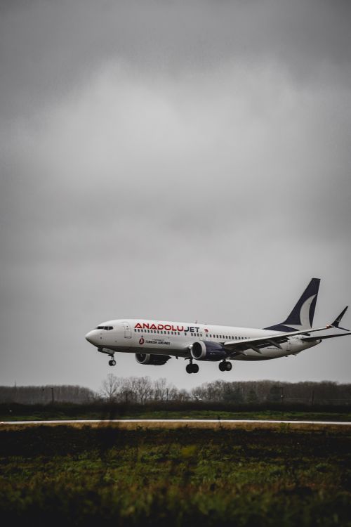 Free Anadolujet aircraft landing on a runway under a grey sky, showcasing modern aviation. Stock Photo