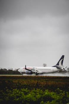 A commercial airplane lands on a runway during overcast weather, highlighting aviation travel.