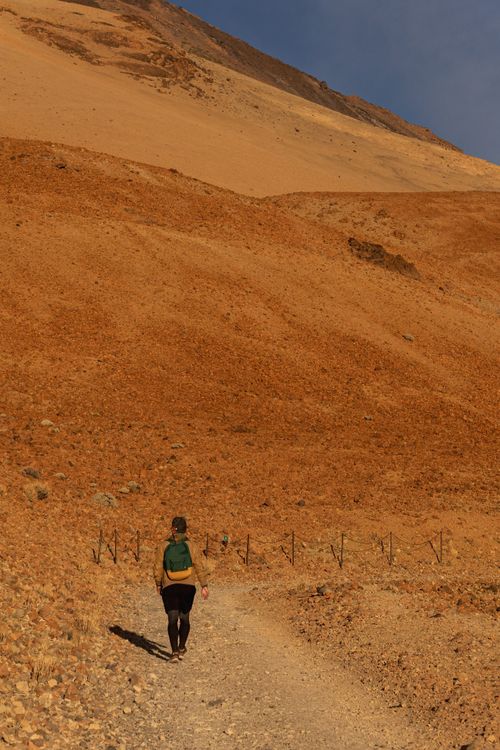 Free A lone hiker walks along a dusty trail in a vast, warm desert landscape, suggesting adventure and solitude. Stock Photo
