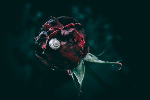 Dramatic close-up image of a snail on a dark red rose bud with water droplets, conveying a moody atmosphere.