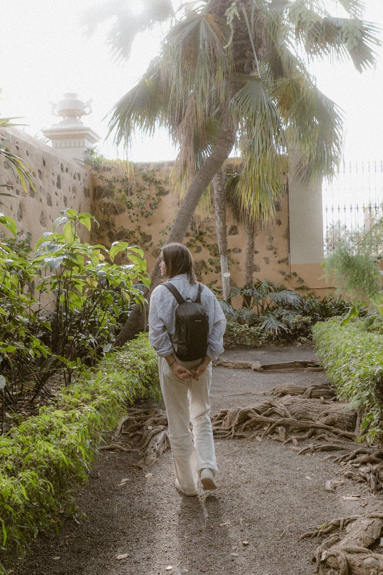 Back View Of A Woman Walking In A Park 