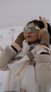 Chic woman in winter attire enjoying snowy ski slope view.