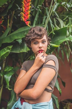 一位时尚的年轻女子在郁郁葱葱的热带树叶间摆姿，自然流露出美丽与自信