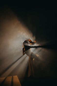 Silhouette of a woman dancing in dramatic lighting with smoke effect, showcasing elegance and movement.