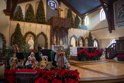 Free A church in Norman, Oklahoma decorated for Christmas with nativity scene and festive wreaths. Stock Photo
