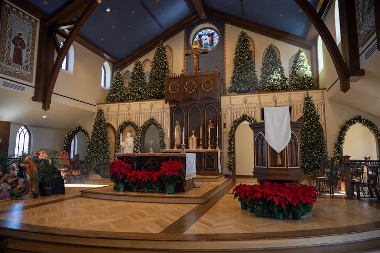 Interior Of St Thomas More Church Decorated For Christmas