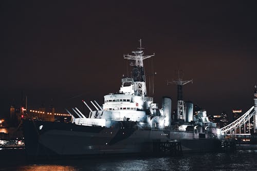HMS Belfast on Thames River at Night