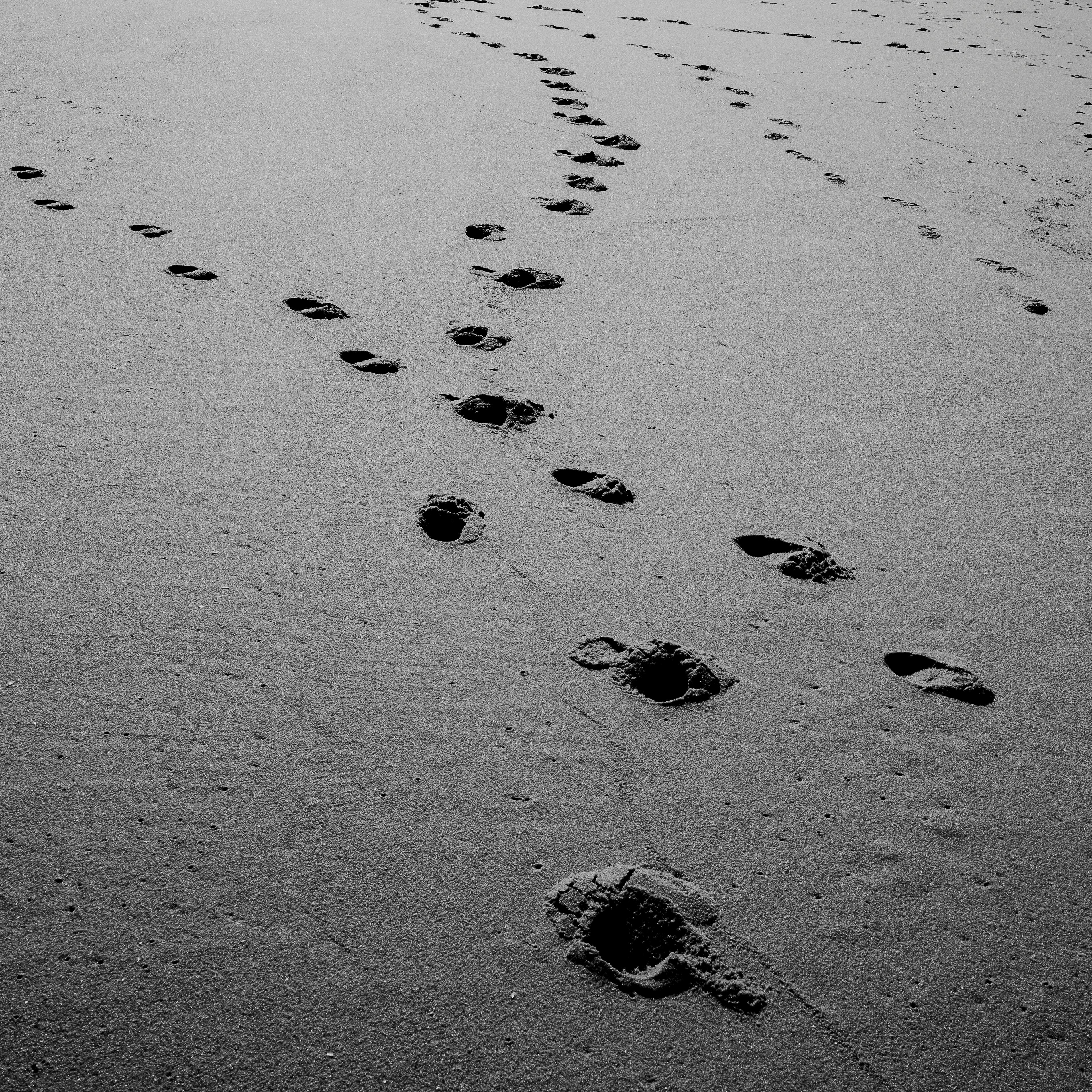 Black and White Photo of Footsteps in the Wet Sand