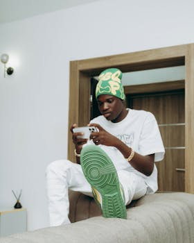 Fashionable teenager sitting on sofa indoors engaging with smartphone, showcasing casual style and streetwear.