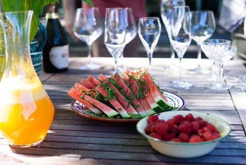 Plated Sliced Watermelons on Table